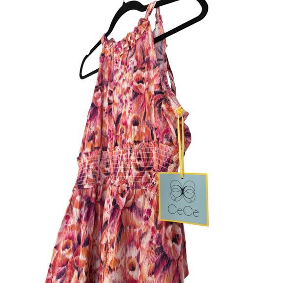 Cece Printed Tie Back Smocked Waist Midi Dress size M, Pink Orange | NEW $129 - Picture 4 of 5